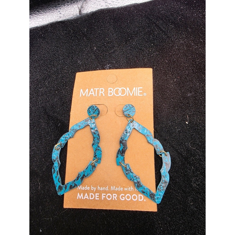 New Matr Boomie Nihira Ashram Earrings Women One Size Teal Patina Hoop Drop Boho
